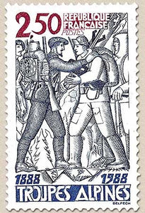 Centenaire des Troupes alpines. Soldats en tenues de 1888 et 1988  2f.50 bleu-gris, rouge et bleu Y2543