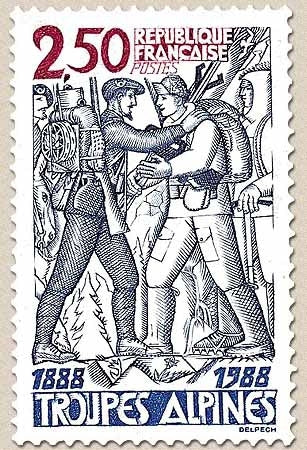 Centenaire des Troupes alpines. Soldats en tenues de 1888 et 1988  2f.50 bleu-gris, rouge et bleu Y2543
