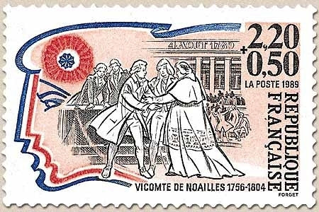 Personnages célèbres de la Révolution. Vicomte de Noailles (1756-1804)  2f.20 + 50c. Rouge, bleu, noir et rose Y2566
