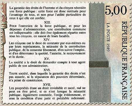 Bicentenaire de la Révolution et de la Déclaration des Droits de l'Homme et du Citoyen. 5f. Articles XII à XVII Y2599
