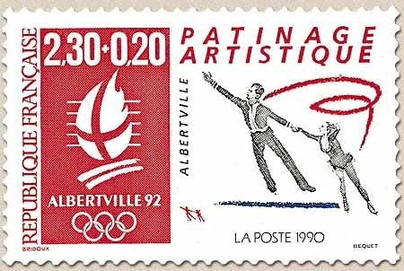 Albertville'92. Patinage artistique. Logo, et couple de patineurs  2f.30 + 20c. Rouge, gris et bleu Y2633