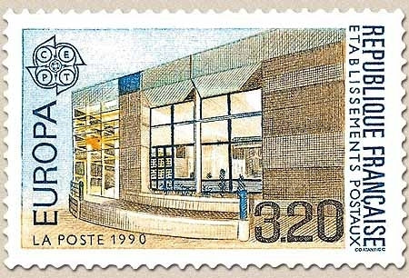 Europa. Bâtiments postaux d'hier et d'aujourd'hui. Bâtiment postal moderne : Cerizay  3f.20 brun, jaune et bleu Y2643
