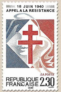Cinquantenaire de l'Appel à la Résistance (Appel du 18 juin 1940). Croix de Lorraine Marianne symbolique  2f.30 Y2656