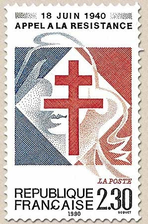 Cinquantenaire de l'Appel à la Résistance (Appel du 18 juin 1940). Croix de Lorraine Marianne symbolique  2f.30 Y2656