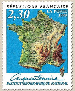 Cinquantenaire de l'Institut Géographique National. Carte de France  2f.30 multicolore Y2662