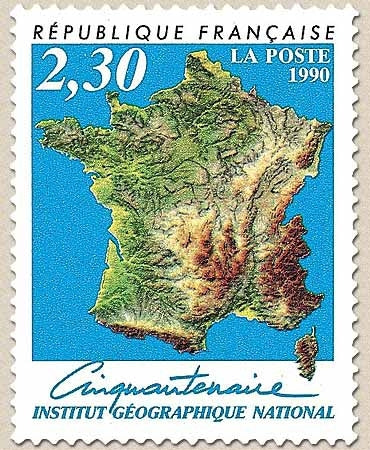 Cinquantenaire de l'Institut Géographique National. Carte de France  2f.30 multicolore Y2662