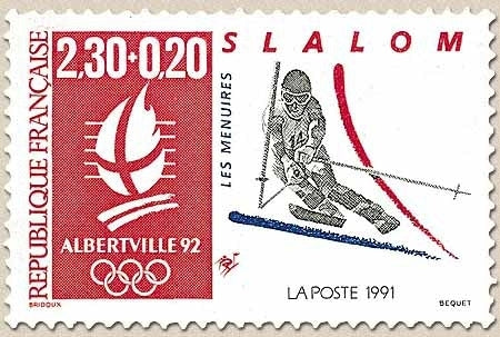 Albertville'92. Jeux olympiques d'hiver. Logo et disciplines sportives. Slalom (Les Ménuires)  2f.30 + 20c. Y2676