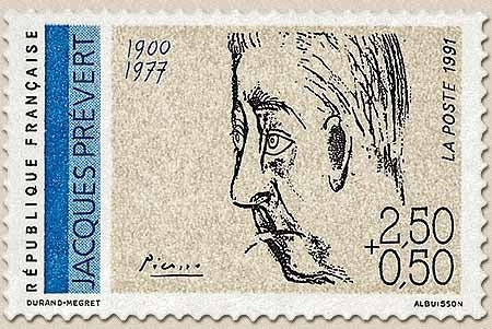 Personnages célèbres. Poètes français du 20e siècle. Jacques Prévert (1900-1977)  2f.50 + 50c. Y2685