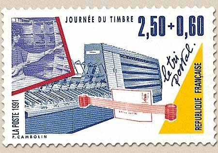 Journée du Timbre. Les Métiers de la Poste. Le Tri postal  2f.50 + 60c. Bleu clair, lilas, jaune et rouge Y2688