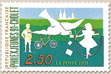 Philexjeunes'91. Exposition philatélique des Jeunes, à Cholet. Garçon avec bicyclette, fillette au cerceau2f.50 Y2690