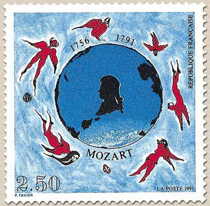 Bicentenaire de la mort de Mozart (1756-1791) Allégorie. 2f.50 bleu, noir, rouge et bleu foncé Y2695