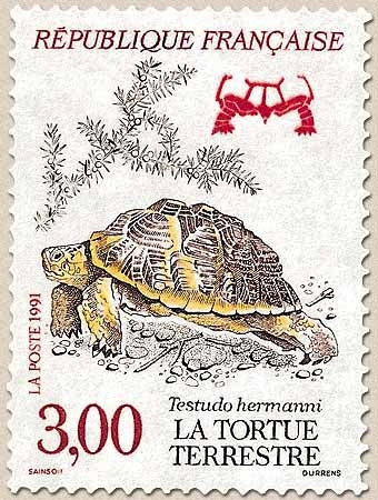 Série Nature de France. Espèces protégées Tortue terrestre  3f. Marron clair, rouge et noir Y2722