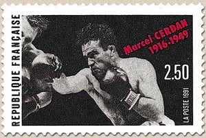 75e anniversaire de la naissance de Marcel Cerdan (1916-1949). Un combat de Cerdan  2f.50 noir, rouge et gris Y2729