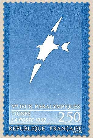 Ves Jeux paralympiques, à Tignes. Oiseau aux ailes brisées de Folon  2f.50 bleu foncé et bleu clair Y2734