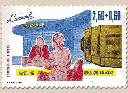 Journée du Timbre. Les Métiers de la Poste. Timbre provenant de carnet. 2f.50 + 60c. Bleu, rouge et jaune Y2744