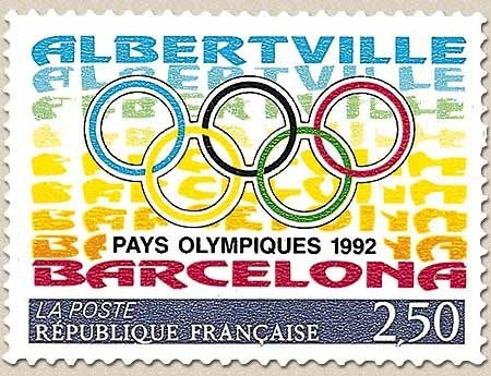 La France et l'Espagne pays olympiques 1992. Émission conjointe franco-espagnole. Anneaux olympiques 2f.50 Y2760