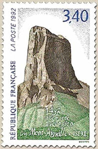 500e anniversaire de la 1re ascension du Mont Aiguille (Isère). Vue du Mont  3f.40 brun, vert et bleu Y2762