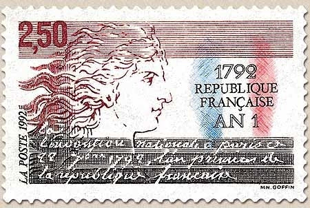 1792, An I de la République Française. Allégorie de la République et texte. 2f.50 multicolore Y2771