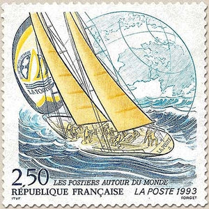 Les Postiers autour du monde dans la Whitbread. Mappemonde et voilier en course.  2f.50 multicolore Y2789