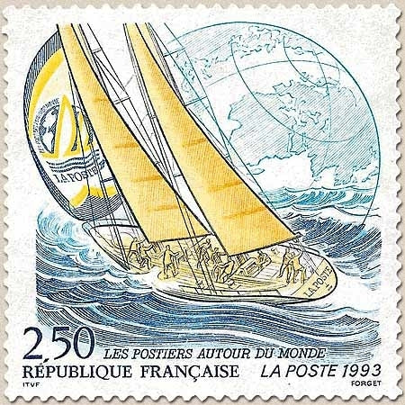 Les Postiers autour du monde dans la Whitbread. Mappemonde et voilier en course.  2f.50 multicolore Y2789