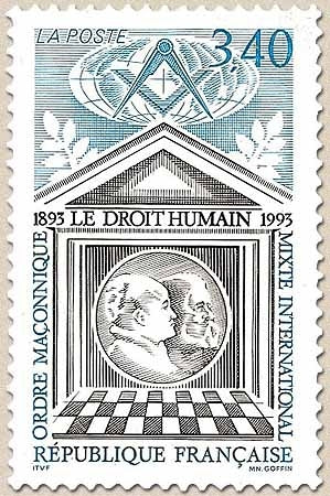Centenaire du Droit Humain, Ordre maçonnique mixte international. Emblèmes : couple en médaillon  3f.40 Y2796