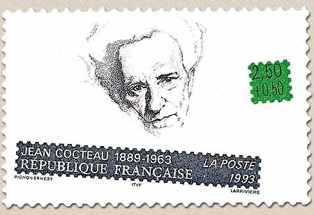 Personnages célèbres. Ecrivains français. Jean Cocteau (1889-1963)  2f.50 + 50c. Bleu, vert et noir Y2801