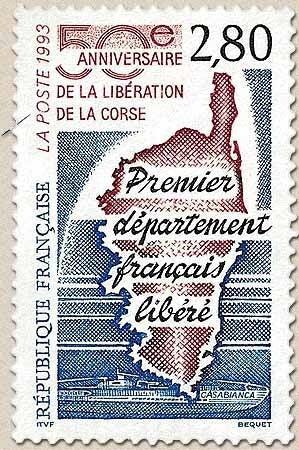 Cinquantenaire de la libération de la Corse. Carte de l'île, sous-marin Casabianca  2f.80 Y2829