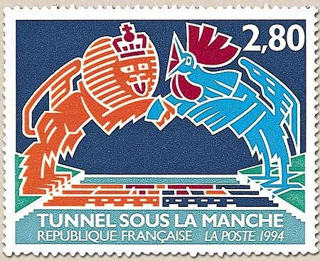 Inauguration du tunnel sous la Manche. 2f.80 Lion britannique, coq gaulois se serrant la main par-dessus la Manche Y2880