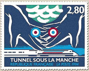 Inauguration du tunnel sous la Manche. 2f.80 Mains britannique et française sous la mer et au-dessus du TGV Y2881