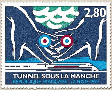 Inauguration du tunnel sous la Manche. 2f.80 Mains britannique et française sous la mer et au-dessus du TGV Y2881