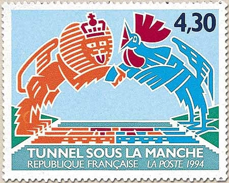 Inauguration du tunnel sous la Manche. 4f.30 Lion britannique, coq gaulois se serrant la main par-dessus la Manche Y2882