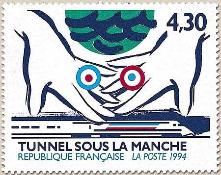 Inauguration du tunnel sous la Manche. 4f.30 Mains britannique et française sous la mer et au-dessus du TGV Y2883