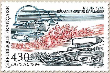 50e anniversaire du débarquement des troupes alliées en Normandie. Le débarquement  4f.30 bleu, rouge et gris Y2887
