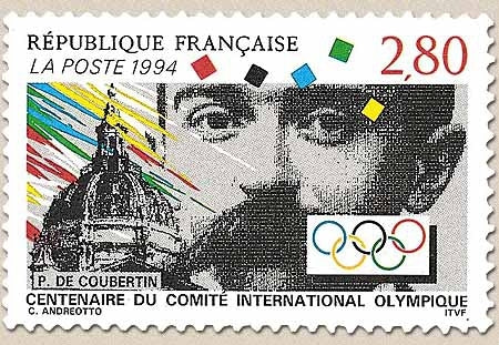 Centenaire de la création du C.I.O. Coupole de la Sorbonne anneaux olympiques  2f.80 multicolore Y2889