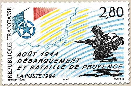 Débarquement et bataille de Provence-Août 1944. Emblème, tracé des côtes, soldat débarquant dans la mer  2f.80 Y2895