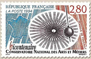 Bicentenaire du Conservatoire National des Arts et Métiers. Pendule de Foucault, carte de France  2f.80 Y2904