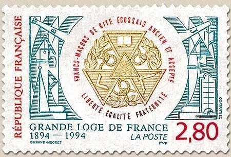 Centenaire de la Grande Loge de France. Symboles maçonniques  2f.80 bleu-vert, rouge et ocre Y2912