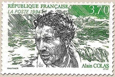 Hommage à Alain Colas (1943-1978) Portrait, mer déchaînée  3f.70 vert clair, noir et vert foncé Y2913