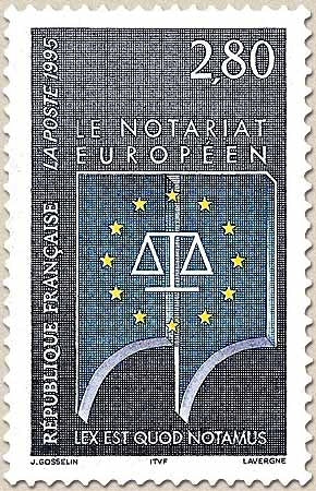 Le Notariat européen. Drapeau européen, emblème, devise  2f.80 bleu clair, jaune et bleu foncé Y2924