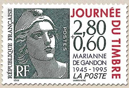 Journée du Timbre. Cinquantenaire de la Marianne de Gandon. Timbre sur timbre. 2f.80 + 60c. Y2933