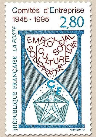 50e anniversaire de la création des Comités d'Entreprise. Composition avec sablier  2f.80 bleu et brun-jaune Y2936
