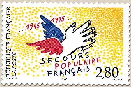 Cinquantenaire du Secours Populaire Français. Logo du mouvement humanitaire  2f.80 jaune, noir, rouge et bleu Y2947