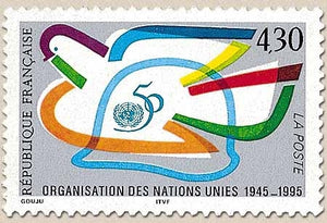 Cinquantenaire de l'Organisation des Nations Unies. Emblème et nombre 50 colombe et casque stylisés  4f.30 Y2975