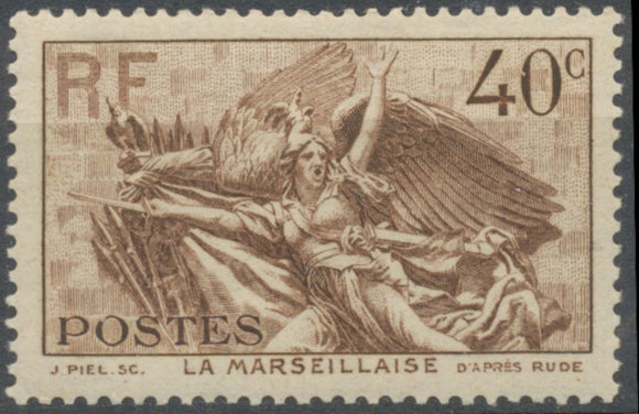 Centenaire mort Claude Rouget de Lisle. La Marseillaise de Rude (haut-relief Arc de Triomphe) 40c Brun Neuf luxe ** Y315