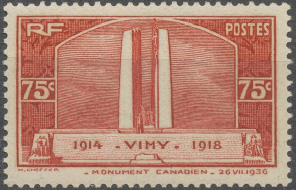 Inauguration du monument de Vimy à la mémoire des Canadiens tombés à la guerre 1914-18 75c. Neuf luxe ** Y316
