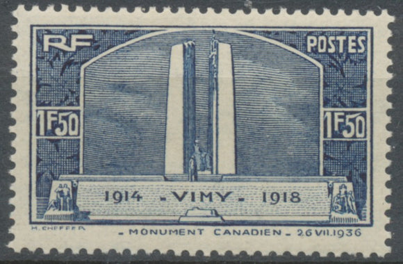 Inauguration du monument de Vimy mémoire des Canadiens tombés à la guerre 1914-1918. 1f.50 bleu Neuf luxe ** Y317