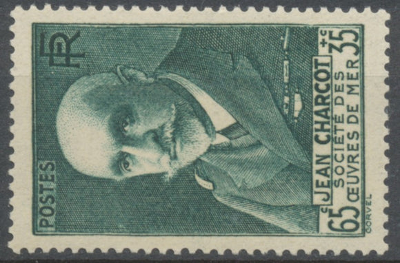 Au profit de la Société des oeuvres de mer. Effigie de Charcot (1867-1936) 65c. + 35c. Vert-bleu Neuf luxe ** Y377