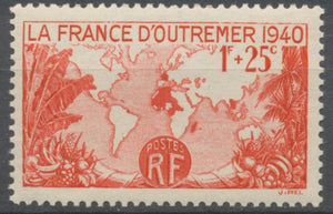 Pour la France d'Outre-Mer. Carte de l'Empire français. 1f. + 25c. Rouge Neuf luxe ** Y453