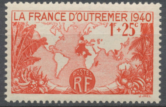 Pour la France d'Outre-Mer. Carte de l'Empire français. 1f. + 25c. Rouge Neuf luxe ** Y453