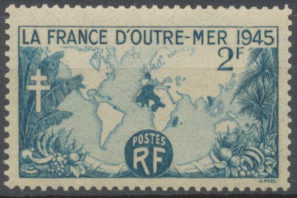 La France d'Outre-mer. Type de 1940 avec millésime 1945 et Croix de Lorraine.  2f. Bleu-vert (453) Neuf luxe ** Y741